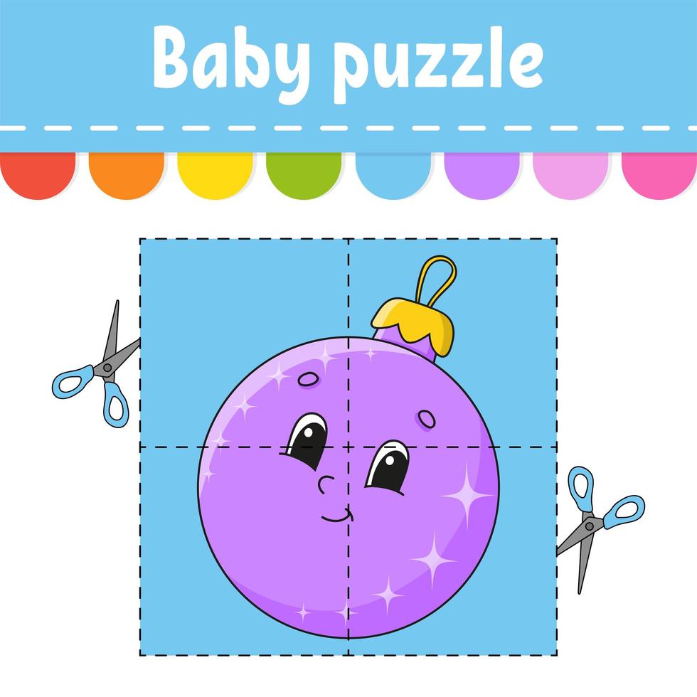 Baby puzzle. Easy level. Flash cards. Cut and play. Christmas theme. Color activity worksheet. Game for children. Cartoon character. vector