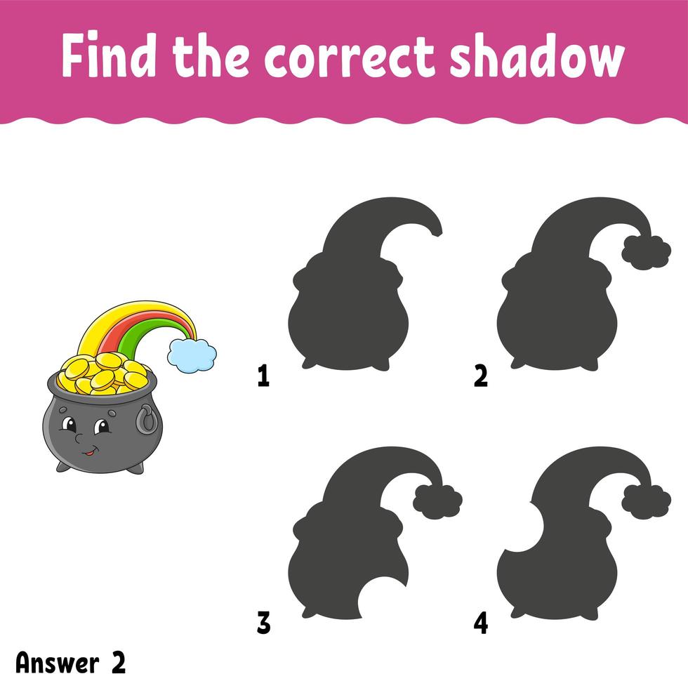 Find the correct shadow. Education developing worksheet. Matching game for kids. Activity page. Puzzle for children. Cartoon character. Isolated vector illustration. St. Patrick's day.