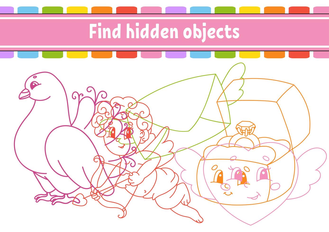 Find hidden object. Education developing worksheet. Activity page with pictures. Color contour. Logical thinking training. Isolated vector illustration. Funny character. Cartoon style.