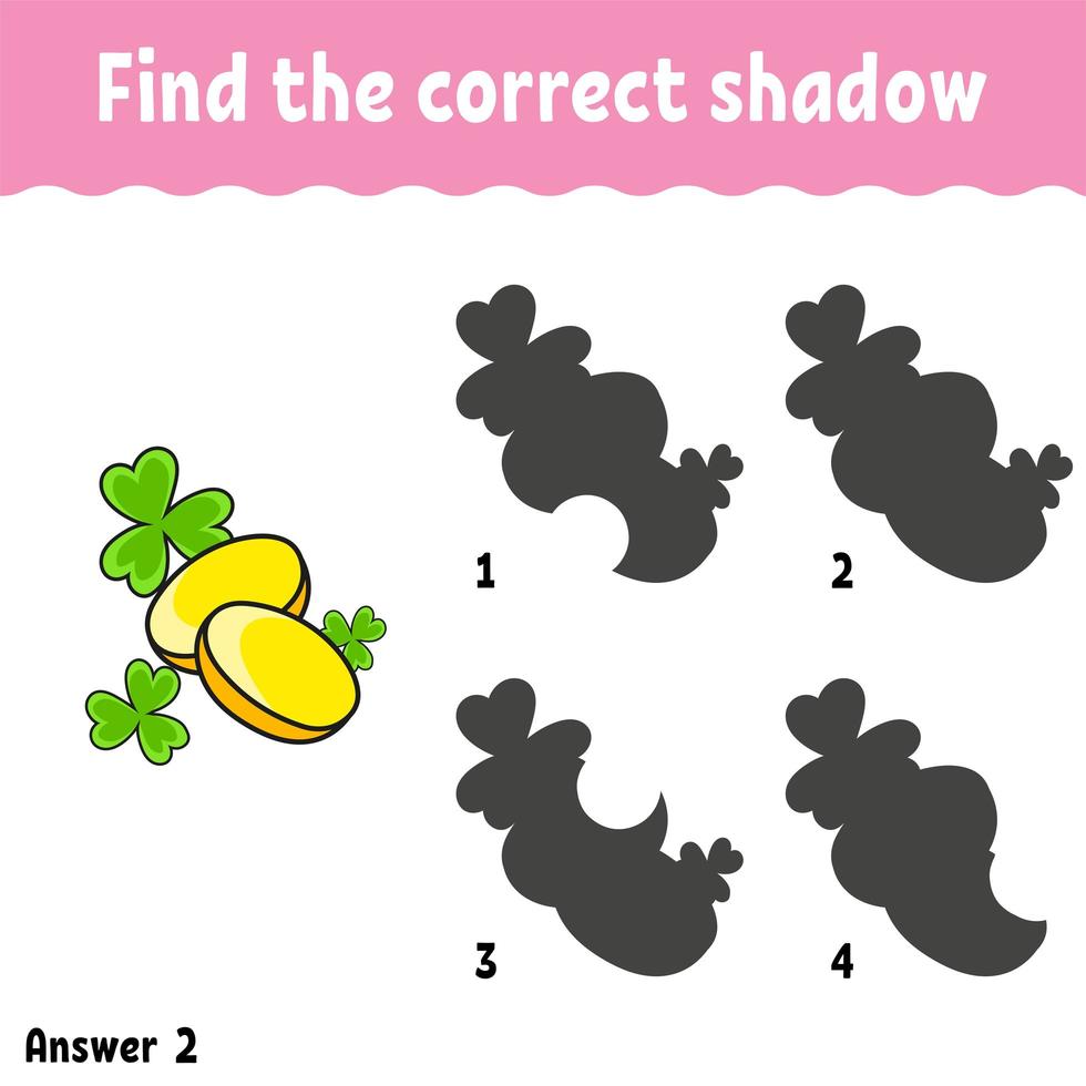 Find the correct shadow. Education developing worksheet. Matching game for kids. Activity page. Puzzle for children. Cartoon character. Isolated vector illustration. St. Patrick's day.