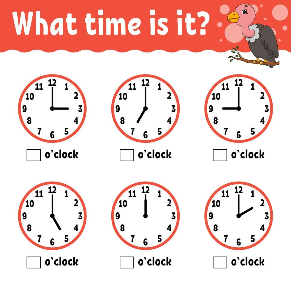 Learning time on the clock. Educational activity worksheet for kids and toddlers. Game for children. Simple flat isolated color vector illustration in cute cartoon style.