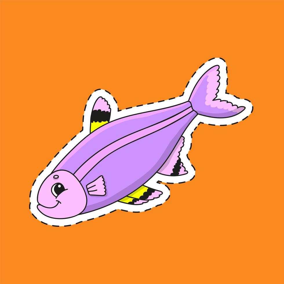 Sticker with contour. Fish. Cartoon character. Colorful vector illustration. Isolated on color background. Template for your design.