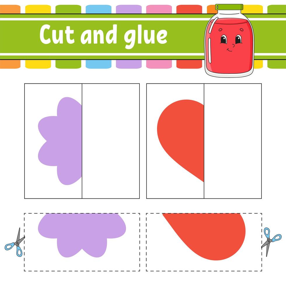 Cut and play. Paper game with glue. Flash cards. Color puzzle. Education developing worksheet. Activity page. For children. Funny character. Isolated vector illustration. Cartoon style.