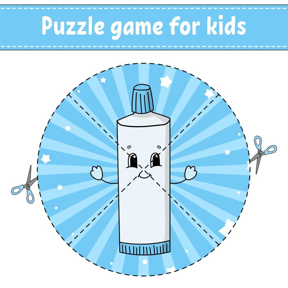 Cut and play. Round puzzle. Tube of toothpaste. Logic puzzle for kids. Activity page. Cutting practice for preschool. Cartoon character. vector