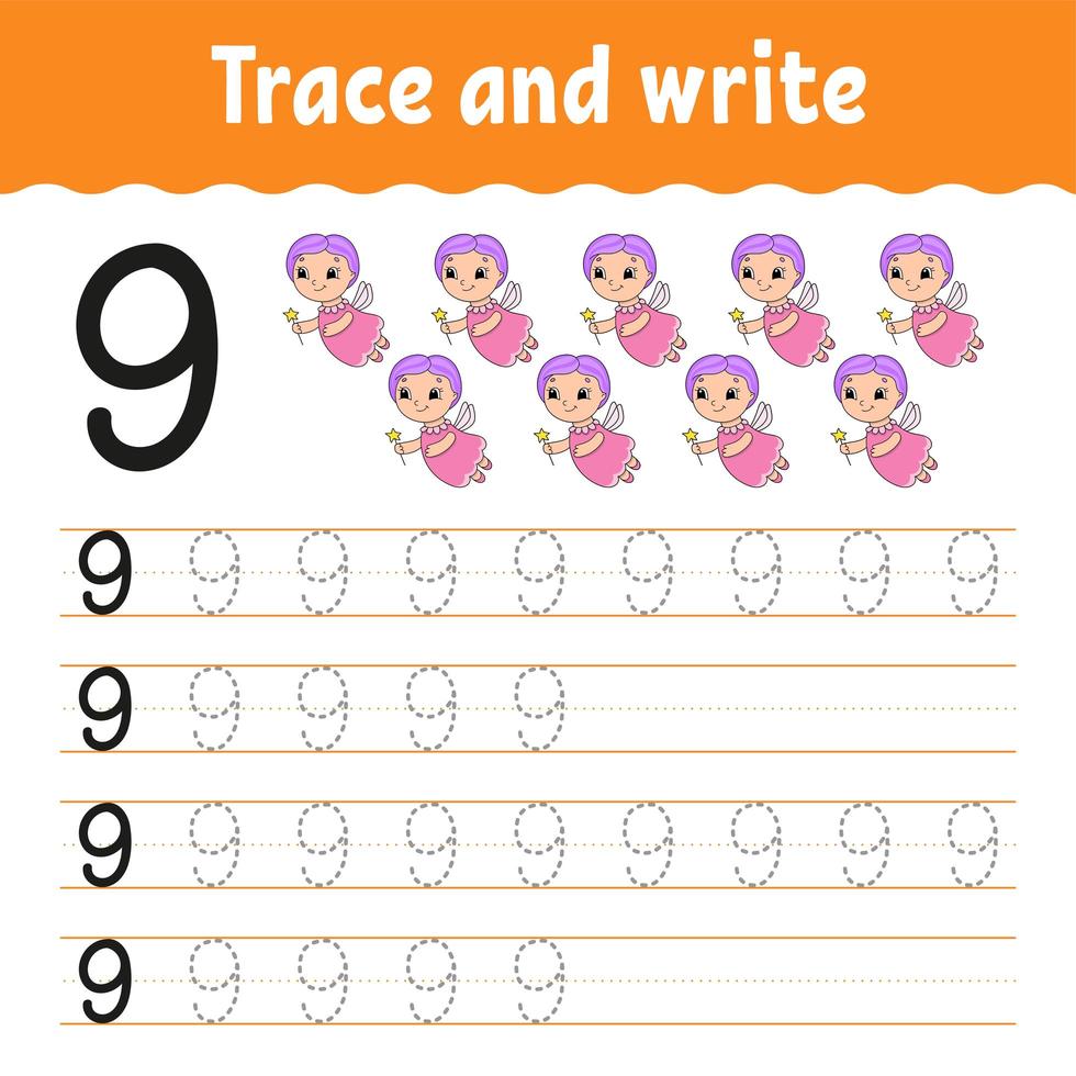 Trace and write. Number 9. Handwriting practice. Learning numbers for kids. Activity worksheet. Cartoon character. vector