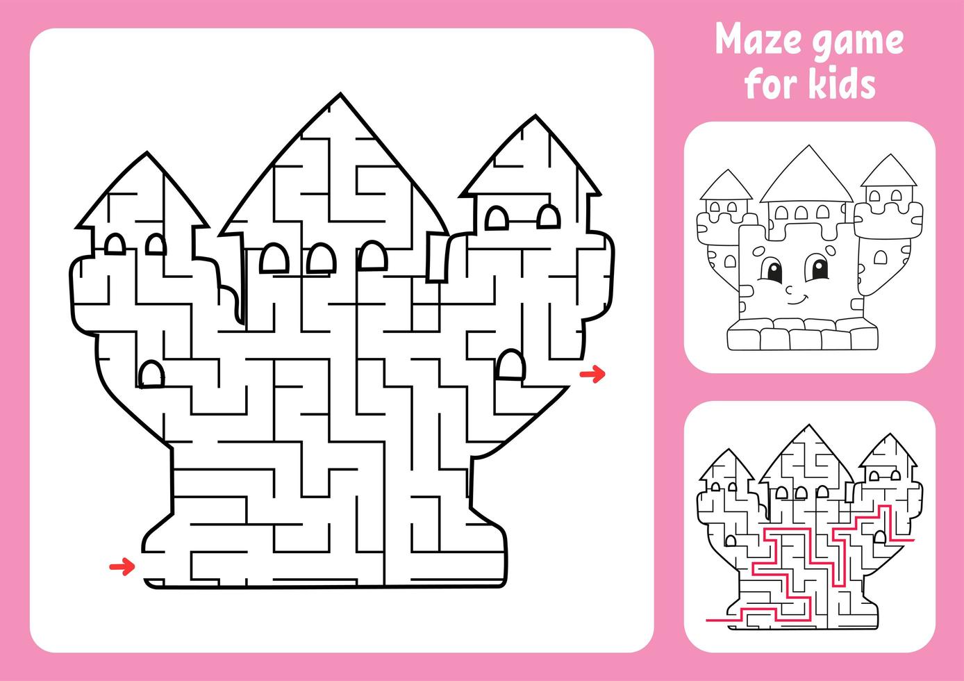 Abstract maze. Royal Castle. Game for kids. Puzzle for children. Labyrinth conundrum. Find the right path. Education worksheet. With answer. vector