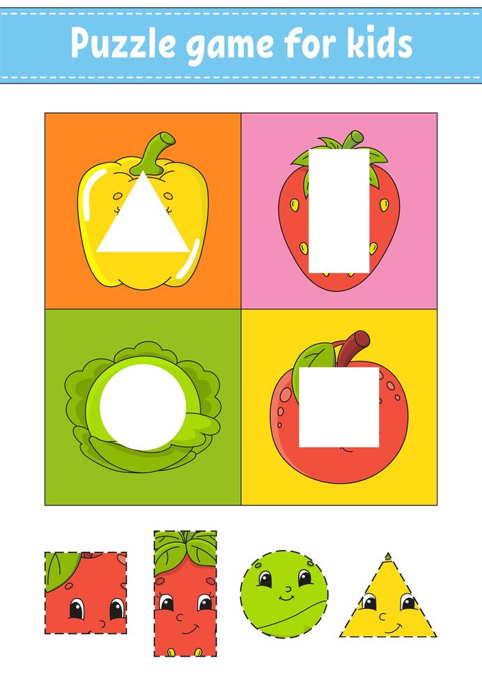 Puzzle game for kids. Cutting practice. Fruits and vegetables. Education developing worksheet. Activity page.Cartoon character. vector