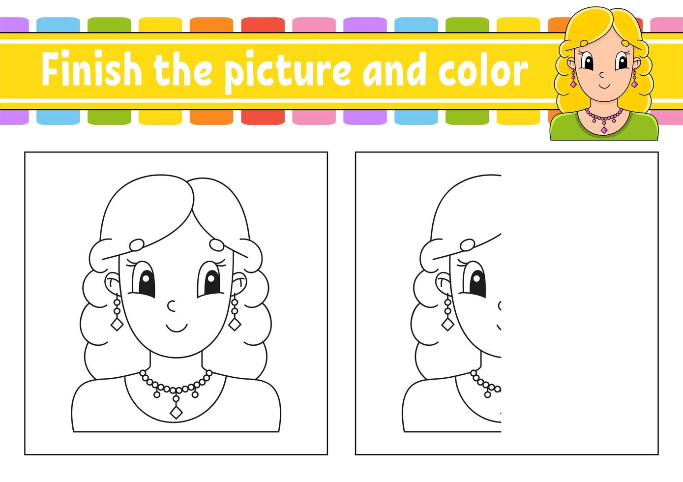 Finish the picture and color. Beautiful cute fashionable girl with jewelry. Cartoon character isolated on white background. For kids education. Activity worksheet. vector