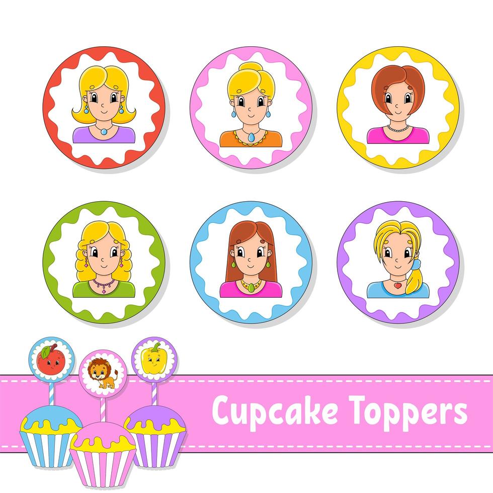 Cupcake Toppers. Set of six round pictures. Lovely smiling girls. Cartoon characters. Cute image. For birhday, party, baby shower. vector