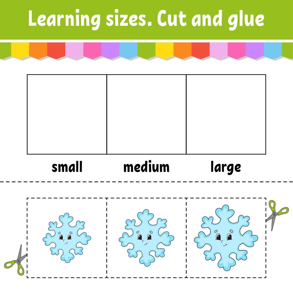 Learning sizes. Cut and glue. Easy level. Christmas theme. Color activity worksheet. Game for children. Cartoon character. Vector illustration.
