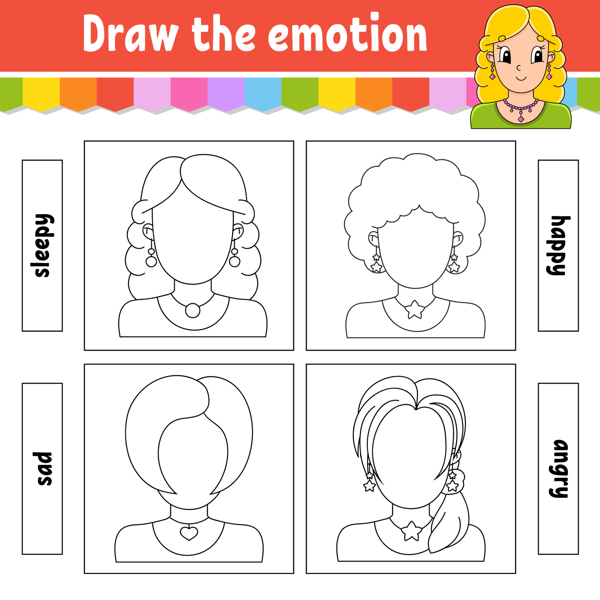Draw the emotion. Worksheet complete the face. Coloring book for kids.  Cheerful character. Vector illustration. Black contour silhouette. Isolated  on white background. 3772044 Vector Art at Vecteezy