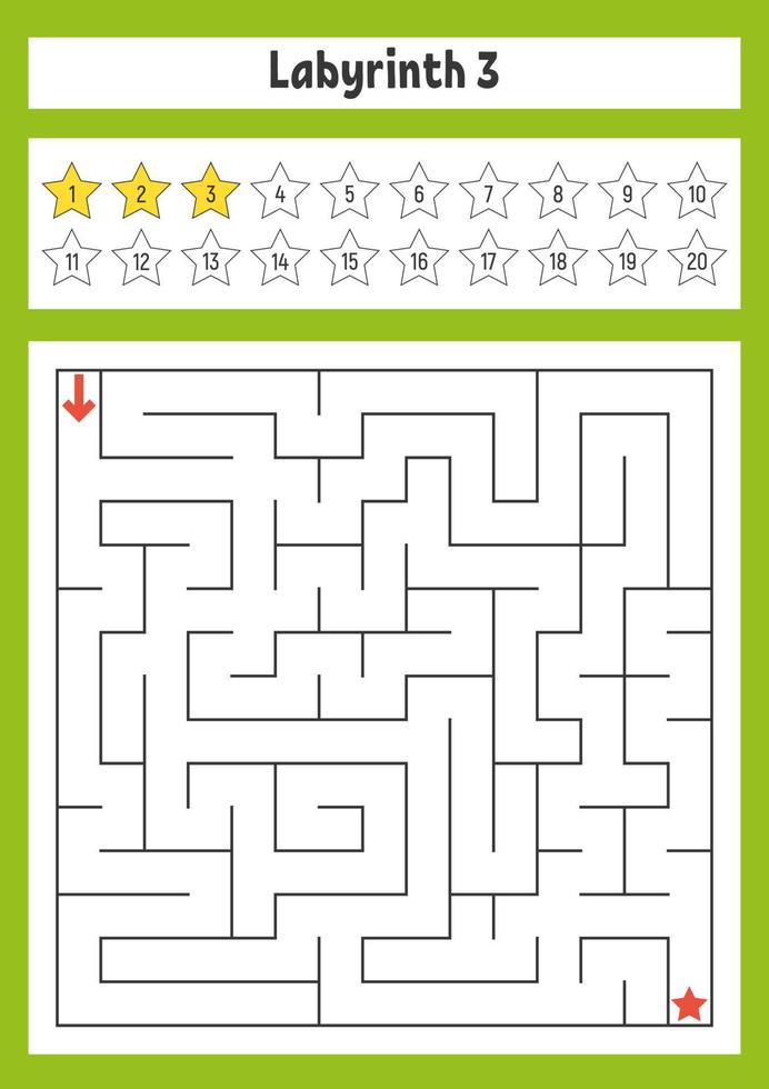 Square maze. Game for kids. Puzzle for children. Labyrinth conundrum. Color vector illustration. Find the right path. The development of logical and spatial thinking.