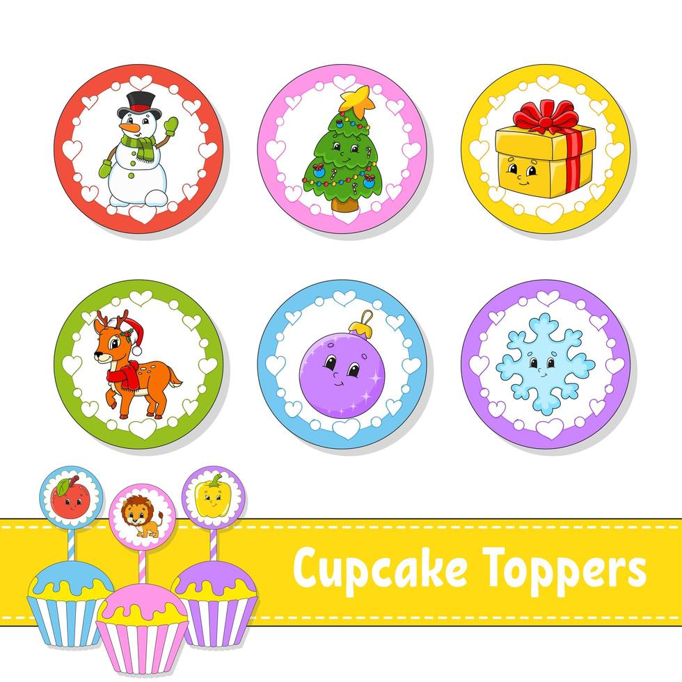 Cupcake Toppers. Set of six round pictures. Christmas theme. Cartoon characters. Cute image. For birhday, party, baby shower. vector