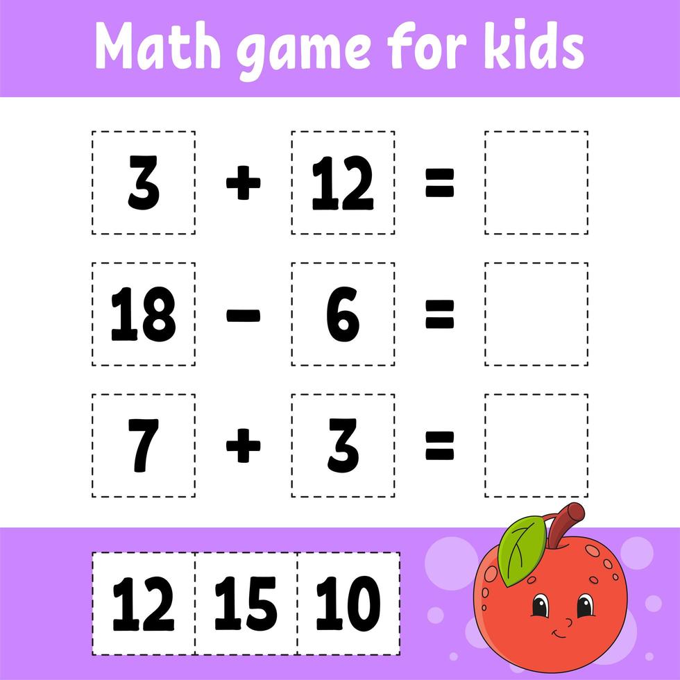 juego de matemáticas para niños. hoja de trabajo de desarrollo educativo. página de actividades con imágenes. juego para niños. Ilustración de vector aislado de color. personaje divertido. estilo de dibujos animados.