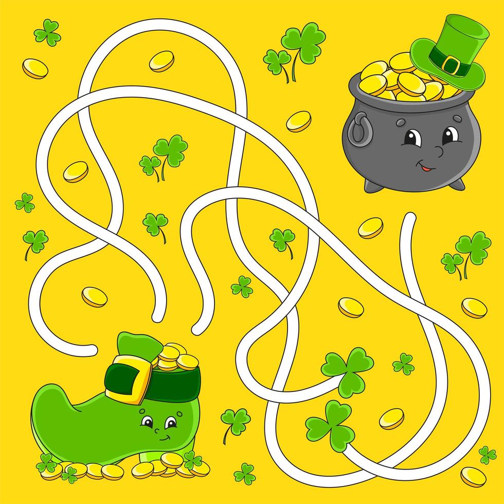 Funny maze for kids. Pot, boot. St. Patrick's day. Puzzle for children. Cartoon character. Labyrinth conundrum. Color vector illustration. Find the right path.