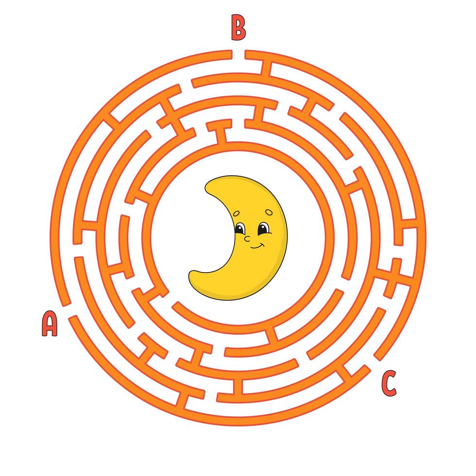 Circle maze. Game for kids. Puzzle for children. Round labyrinth conundrum. Color vector illustration. Find the right path. Education worksheet.