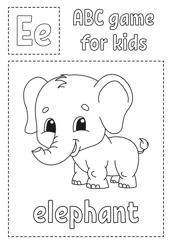 la letra e es para elefante. juego de abc para niños. Página para colorear del alfabeto. personaje animado. palabra y letra. ilustración vectorial. vector