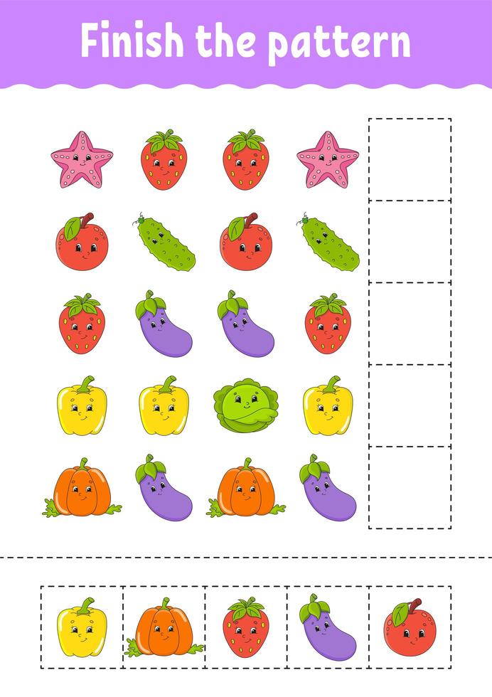 Finish the pattern. Cut and play. Fruits and vegetables. Education developing worksheet. Activity page.Cartoon character. vector