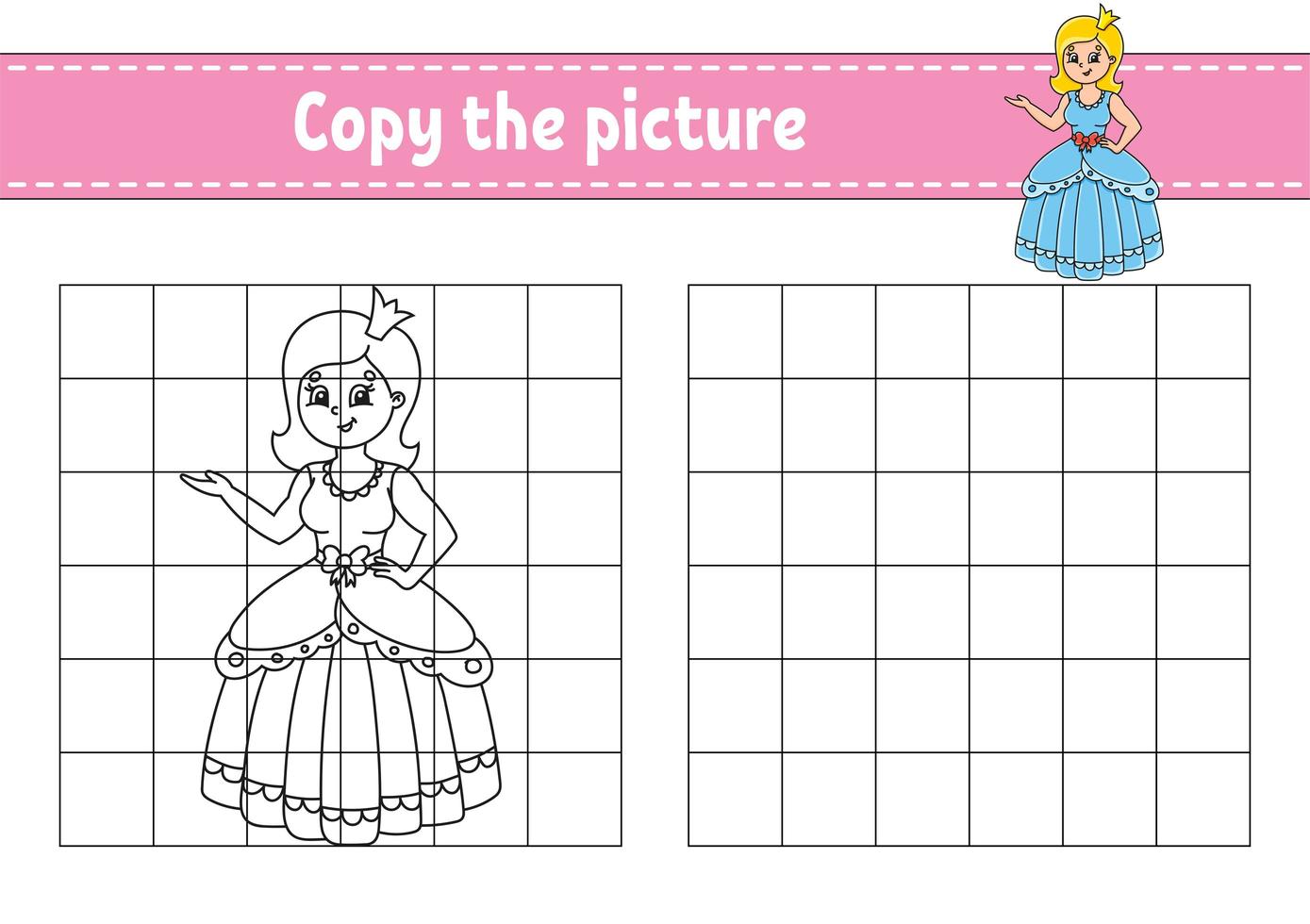 Copy the picture. Coloring book pages for kids. Education developing worksheet. Game for children. Handwriting practice. Cartoon character. vector