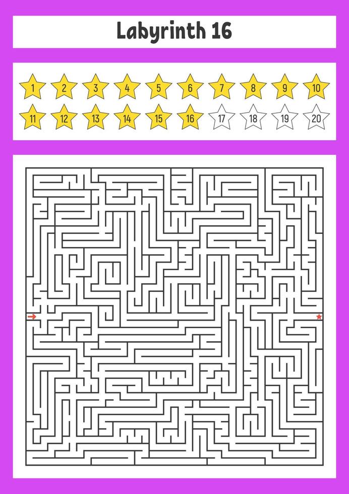 Square maze. Game for kids. Puzzle for children. Labyrinth conundrum. Color vector illustration. Find the right path. The development of logical and spatial thinking.