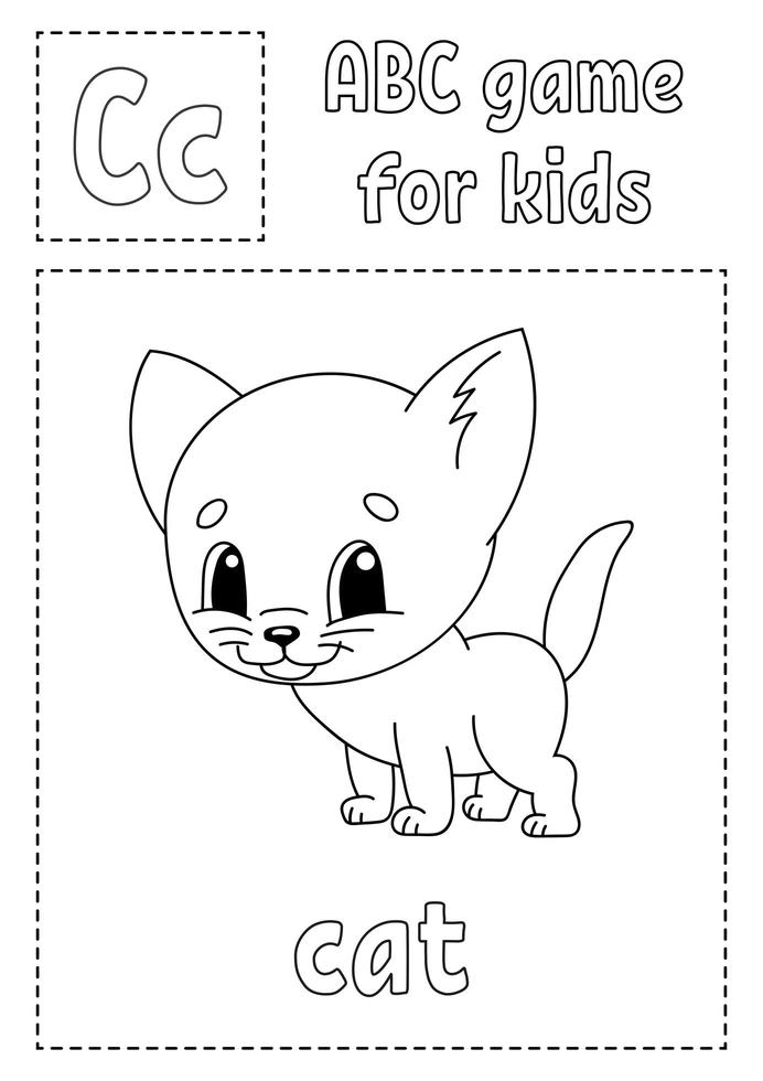 ABC game for kids. Alphabet coloring page. Cartoon character. Word and letter. Vector illustration.