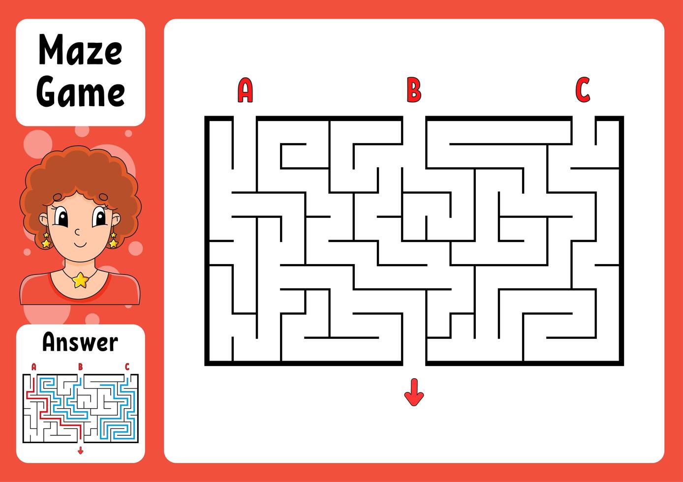 Rectangle maze. Game for kids. Three entrances, one exit. Puzzle for children. Labyrinth conundrum. Color vector illustration. Find the right path. With answer. Cartoon character. Education worksheet.