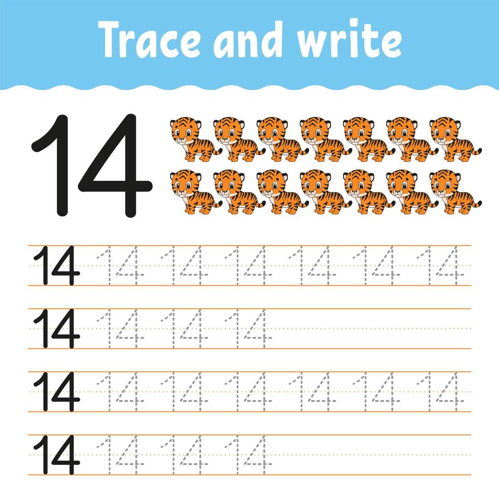 Trace and write. Handwriting practice. Learning numbers for kids. Education developing worksheet. Activity page. Game for toddlers and preschoolers. Isolated vector illustration in cute cartoon style.