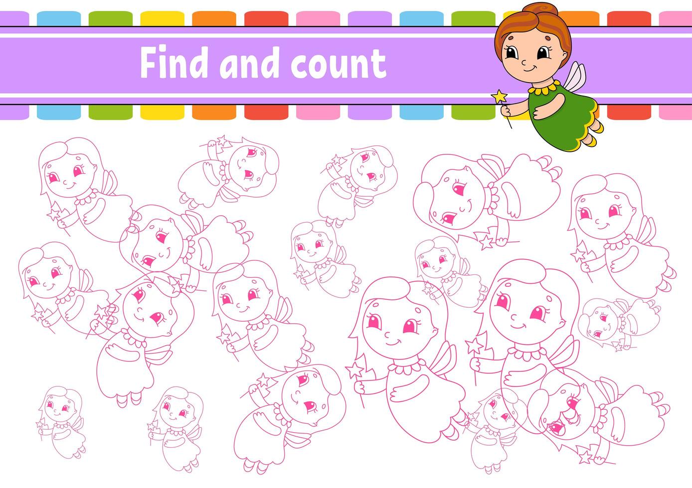 Find and count. v Education developing worksheet. Activity page. Puzzle game for children. Logical thinking training. Isolated vector illustration. Cartoon character.