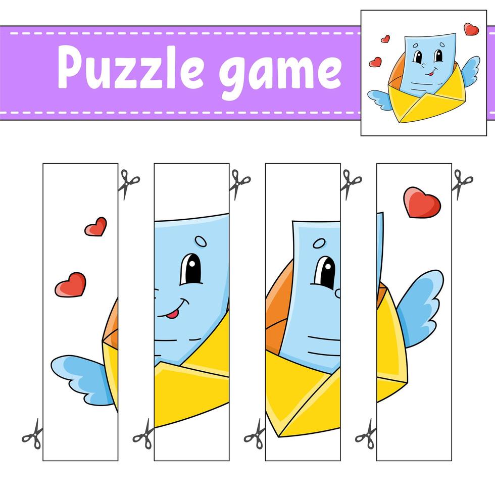 Puzzle game for kids. Cutting practice. Education developing worksheet. Valentine's Day. Activity page.Cartoon character. vector