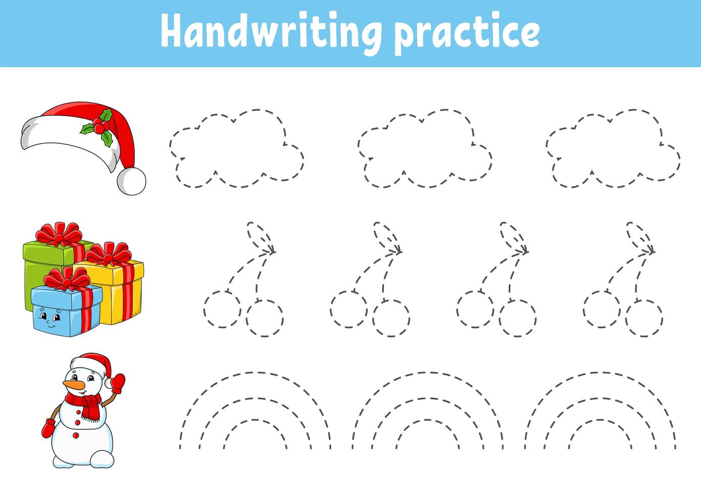 Handwriting pactice. Christmas theme. Education developing worksheet. Activity page. Color game for children. Isolated vector illustration. Cartoon character.