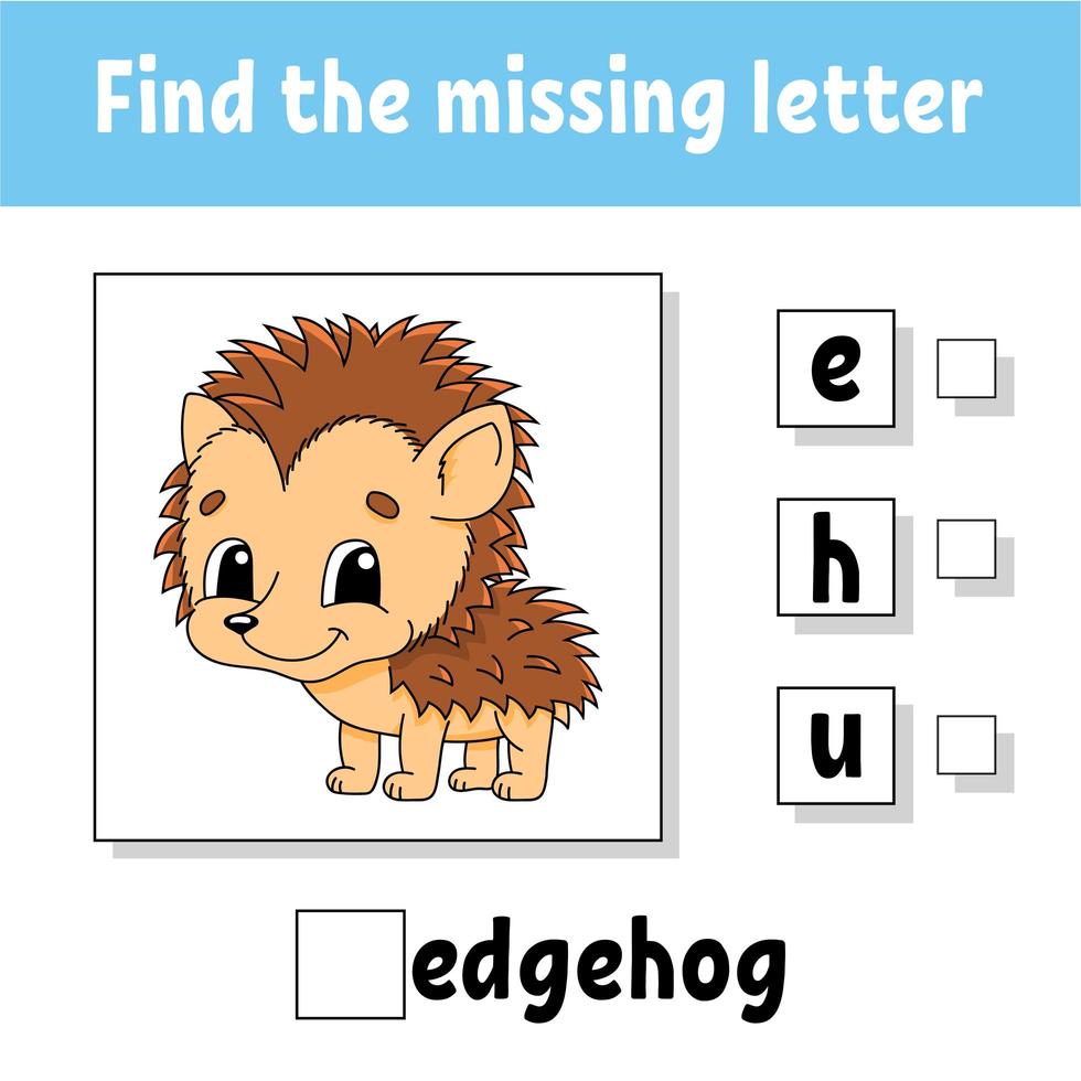 Find the missing letter. Education developing worksheet for kids. Activity page. Cartoon character. Autumn theme. vector