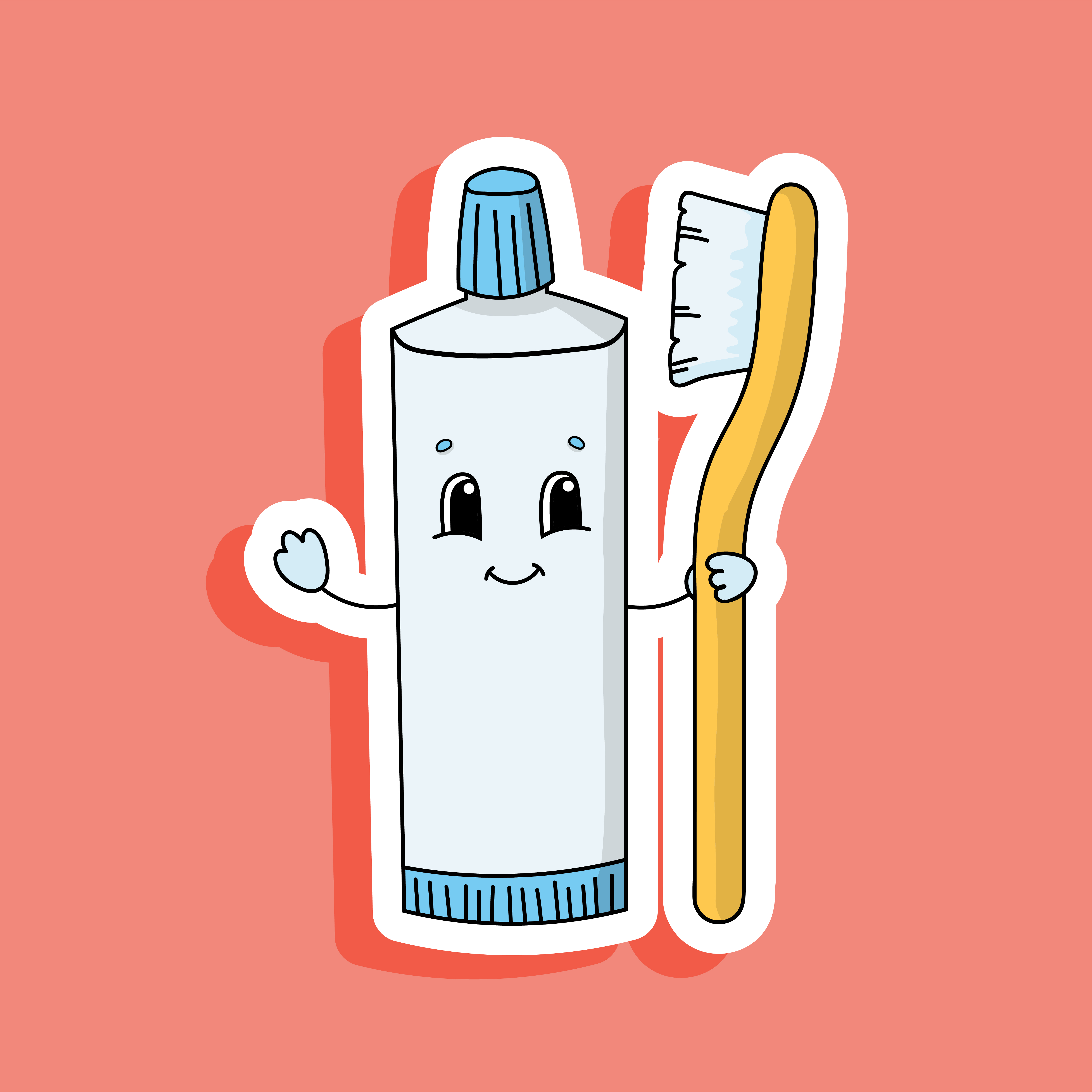 Toothpaste Tube With Toothbrush Bright Color Sticker Cartoon Character Vector Illustration