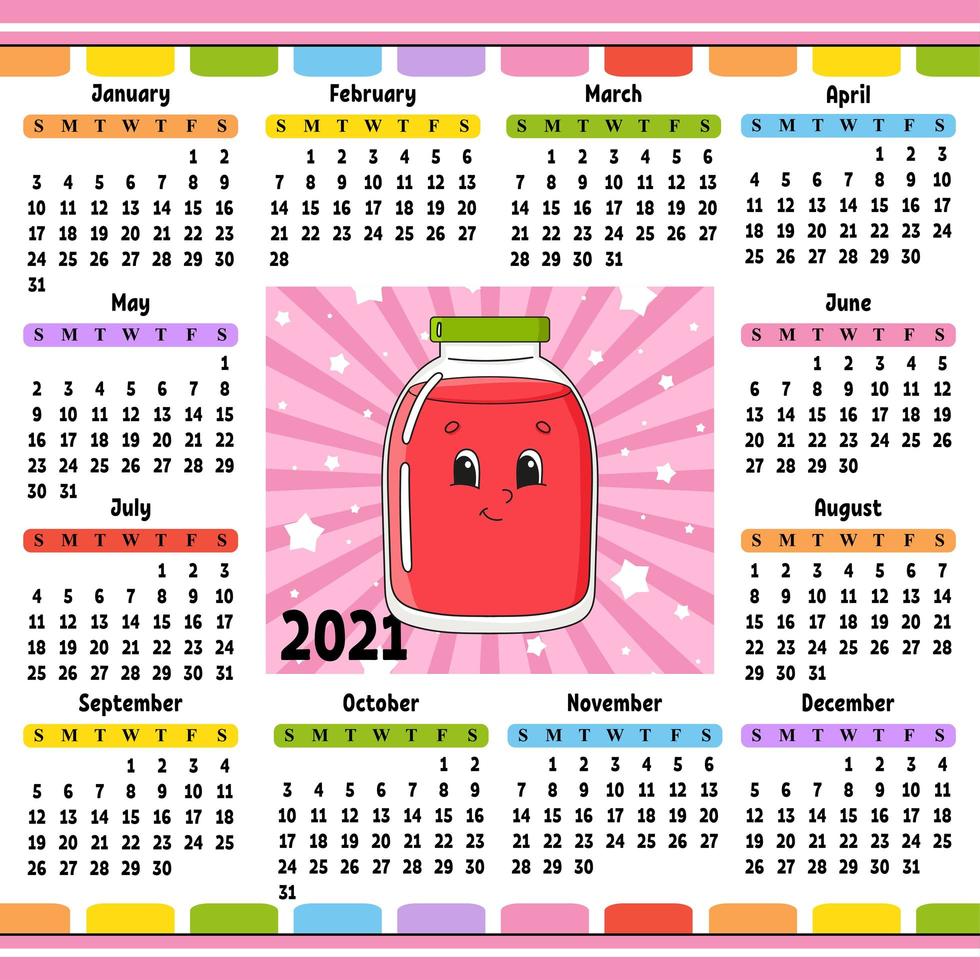 calendario para 2020 con un lindo personaje. diseño divertido y brillante. Ilustración de vector de color aislado. estilo de dibujos animados.