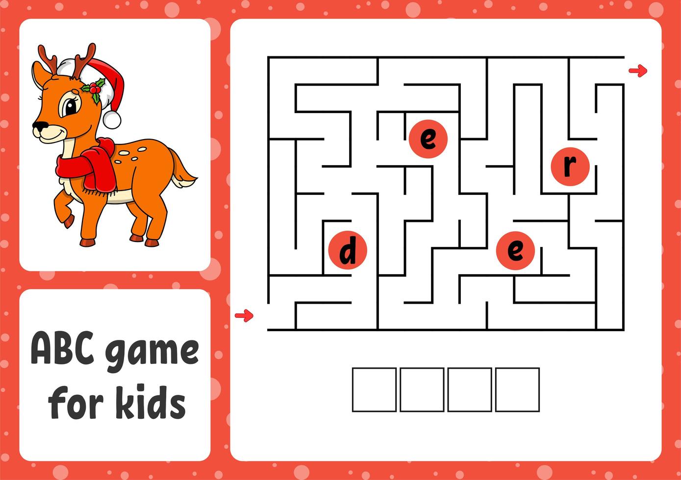 ABC maze for kids. Rectangle labyrinth. Christmas theme. Activity worksheet. Puzzle for children. Cartoon style. Logical conundrum. Color vector illustration.