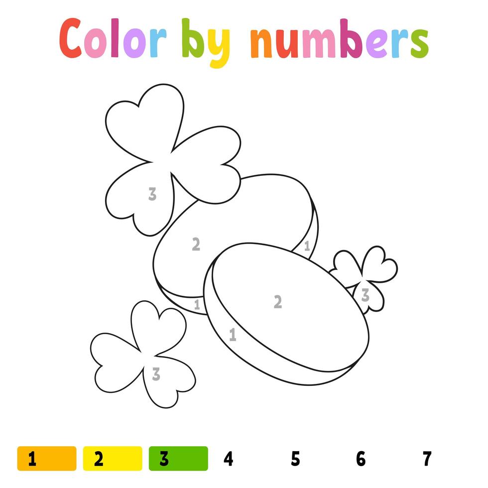 Color by numbers. Coloring book for kids. Vector illustration. Cartoon character. Hand drawn. Worksheet page for children. Isolated on white background. St. Patrick's day.