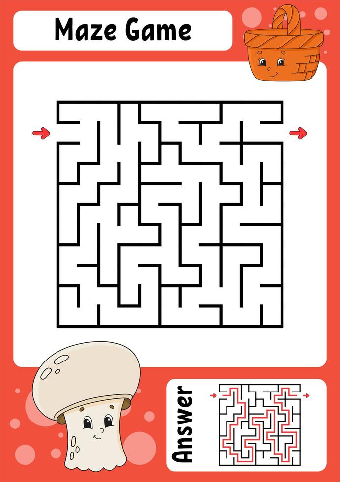 Square maze. Game for kids. Funny labyrinth. Education developing worksheet. Activity page. Puzzle for children. Cartoon style. Riddle for preschool. Logical conundrum. Color vector illustration.