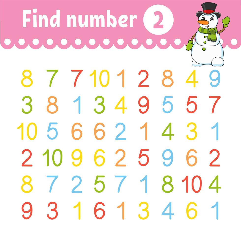 Find number. Education developing worksheet. Activity page with pictures. Game for children. Color isolated vector illustration. Funny character. Cartoon style.