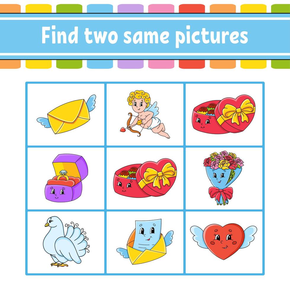 Find two same pictures. Task for kids. Education developing worksheet. Activity page. Color game for children. Funny character. Isolated vector illustration. Cartoon style. Valentine's Day.