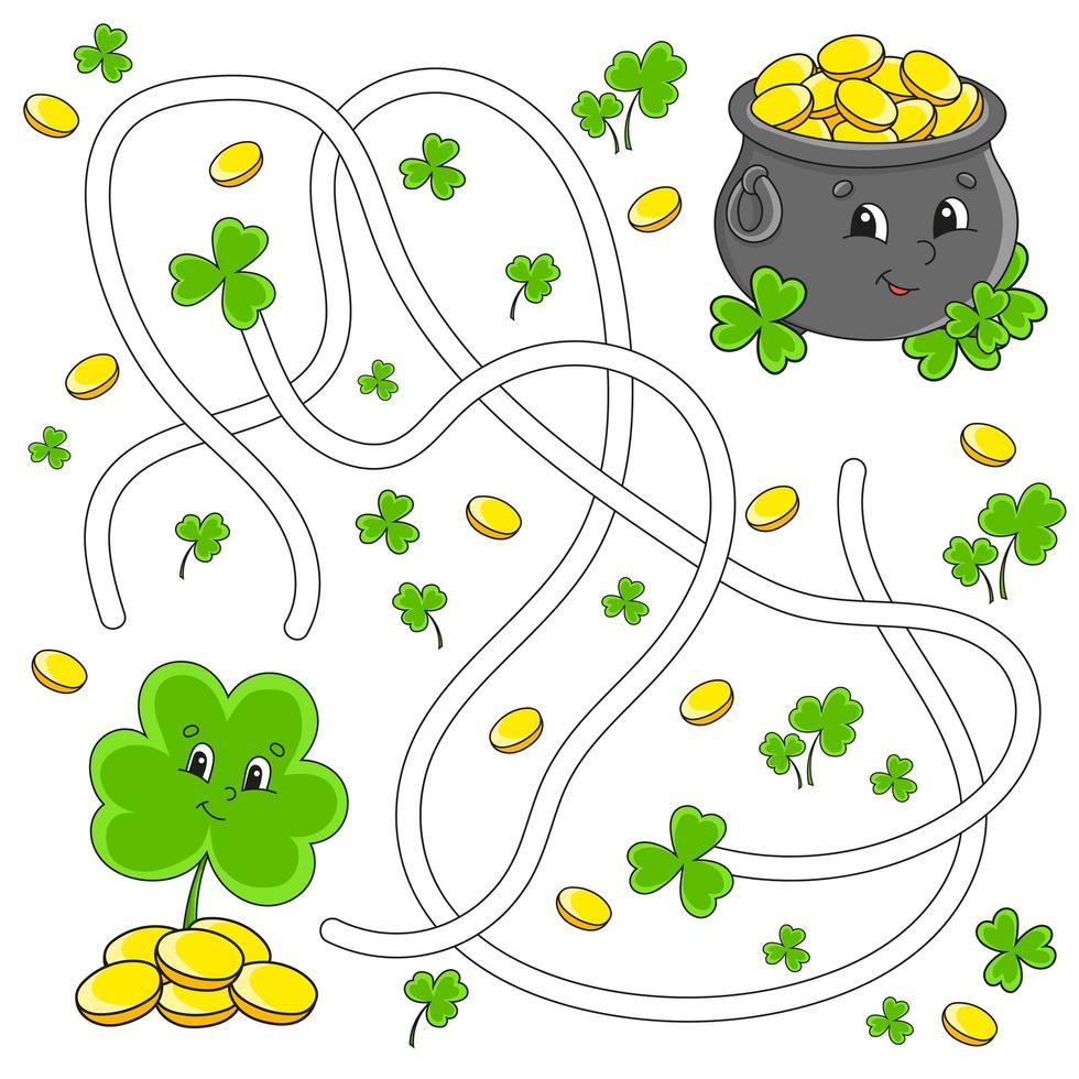 Funny maze for kids. Clover, pot. St. Patrick's day. Puzzle for children. Cartoon character. Labyrinth conundrum. Color vector illustration. Find the right path.