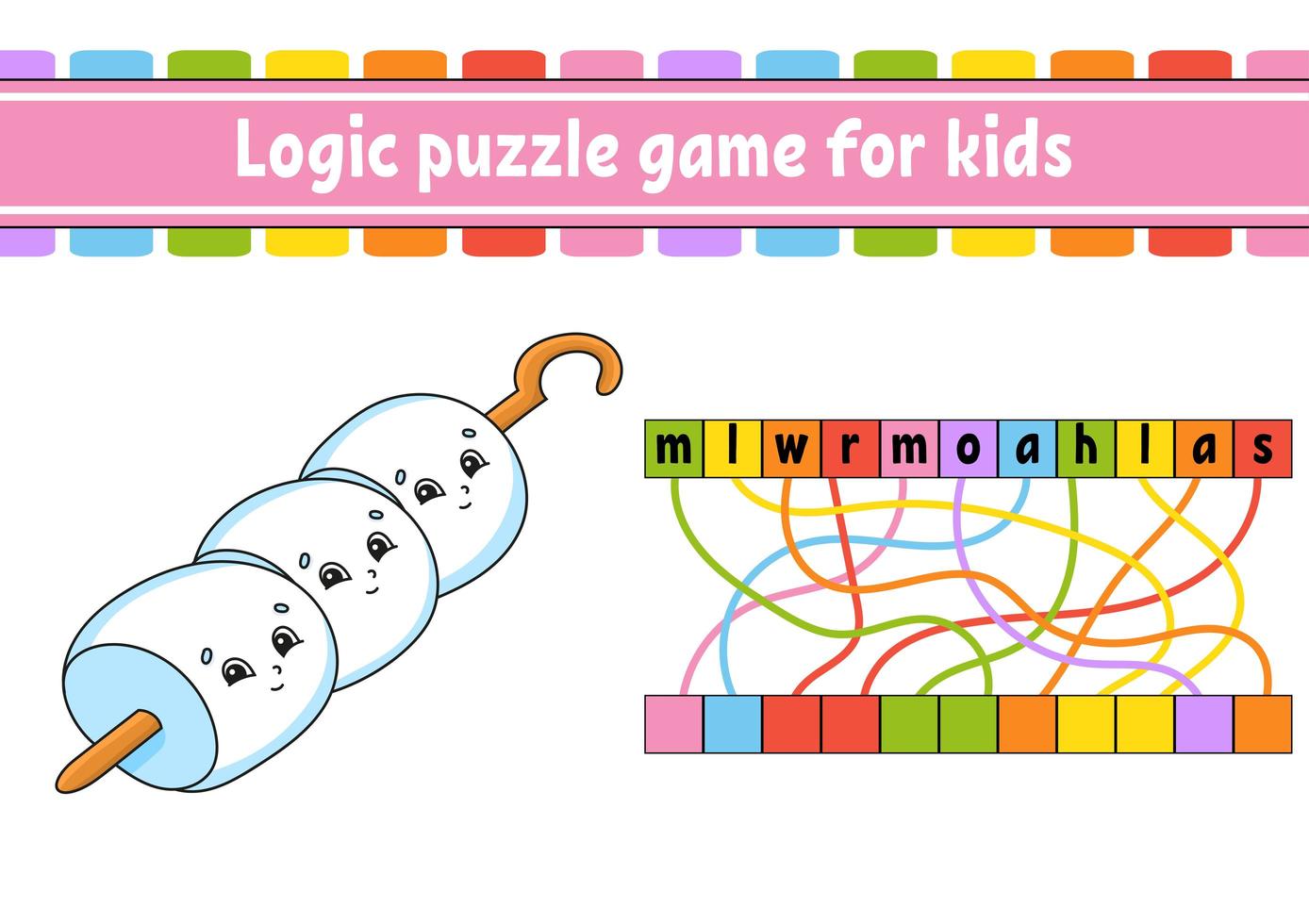Logic puzzle game. Learning words for kids. Find the hidden name. Worksheet, Activity page. English game. Isolated vector illustration. Cartoon character.