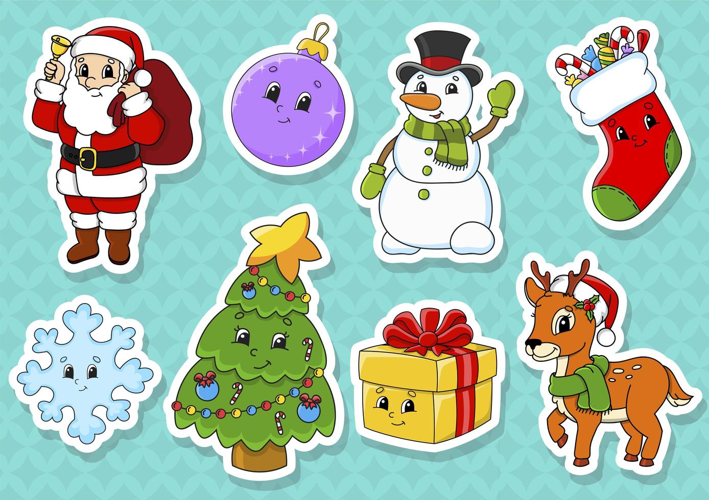 Set of stickers with cute cartoon characters. Christmas theme. Hand drawn. Colorful pack. Vector illustration. Patch badges collection. Label design elements. For daily planner, diary, organizer.