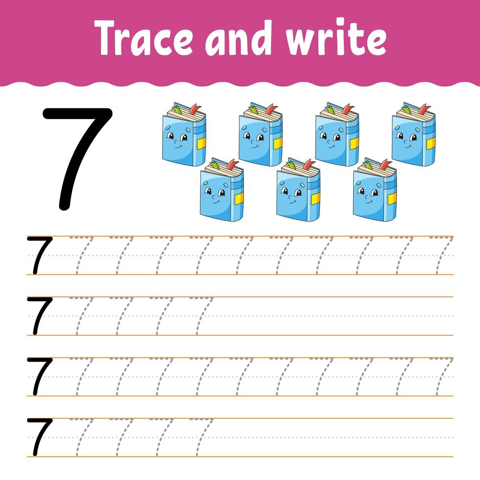 Learn Numbers. Trace and write. Back to school. Handwriting practice. Learning numbers for kids. Education developing worksheet. Isolated vector illustration in cute cartoon style.