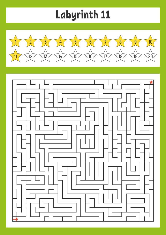 Square maze. Game for kids. Puzzle for children. Labyrinth conundrum. Color vector illustration. Find the right path. The development of logical and spatial thinking.