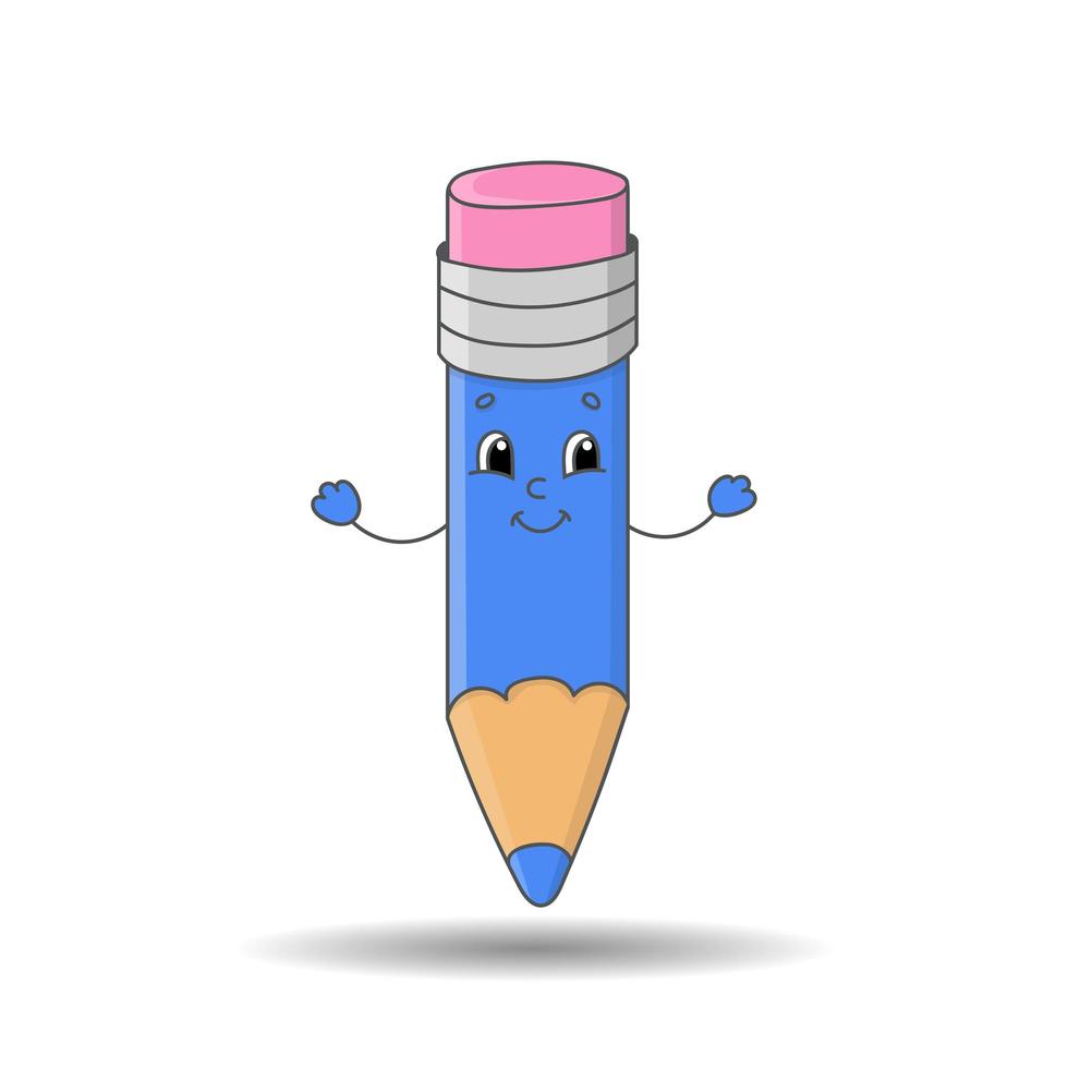 Pencil with eraser. Cute character. Colorful vector illustration. Cartoon style. Isolated on white background. Design element.
