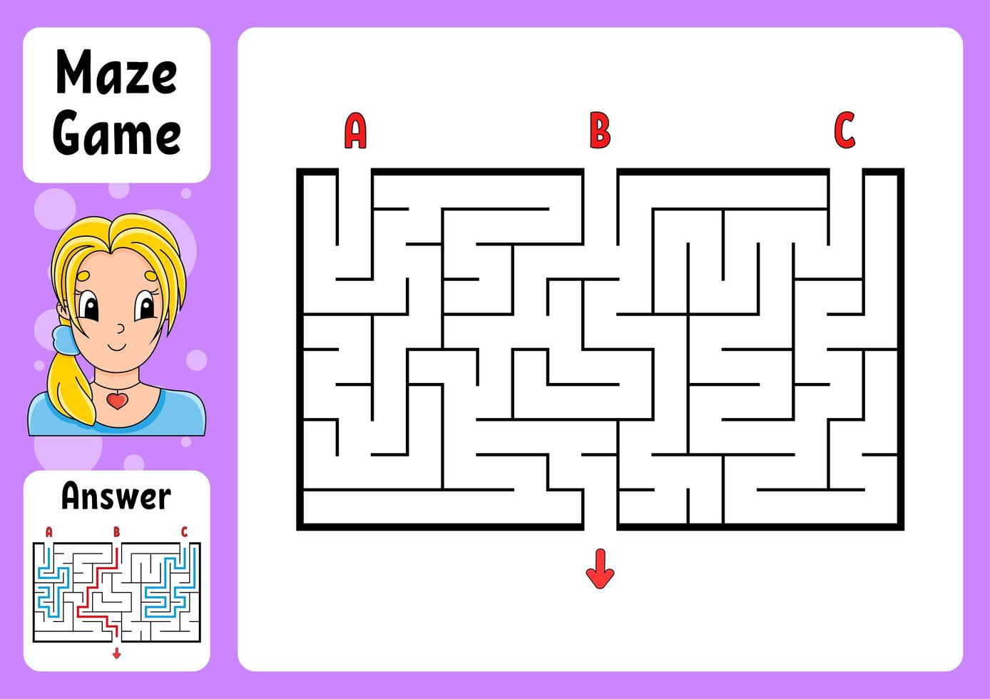 Rectangle maze. Game for kids. Three entrances, one exit. Puzzle for children. Labyrinth conundrum. Color vector illustration. Find the right path. With answer. Cartoon character. Education worksheet.