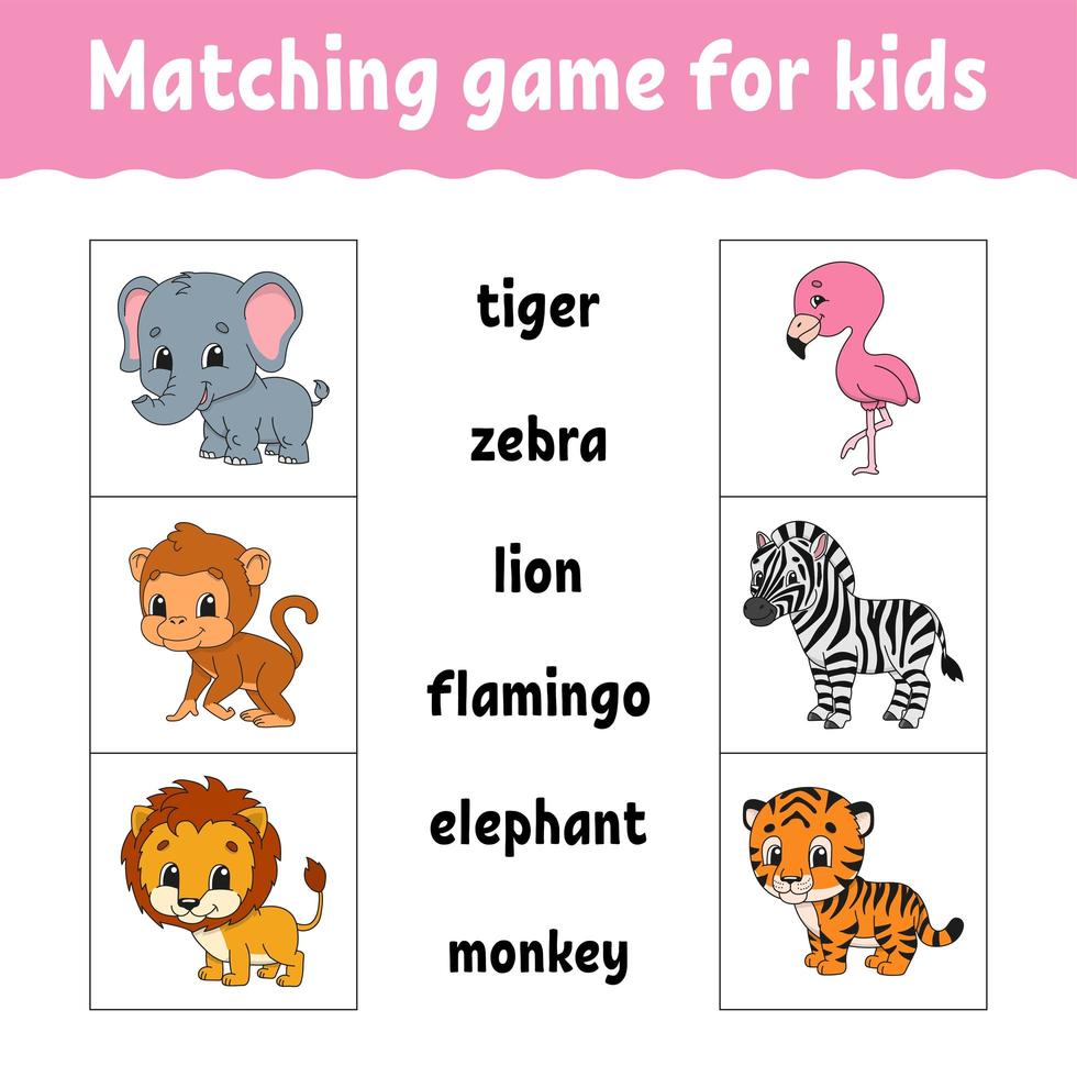 Matching game for kids. Find the correct answer. Draw a line. Learning words. Activity worksheet. Cartoon character. Cute animal. vector