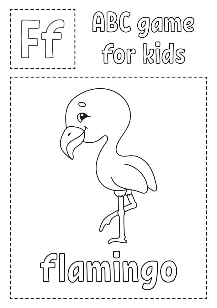 la letra f es para flamingo. juego de abc para niños. Página para colorear del alfabeto. personaje animado. palabra y letra. ilustración vectorial. vector