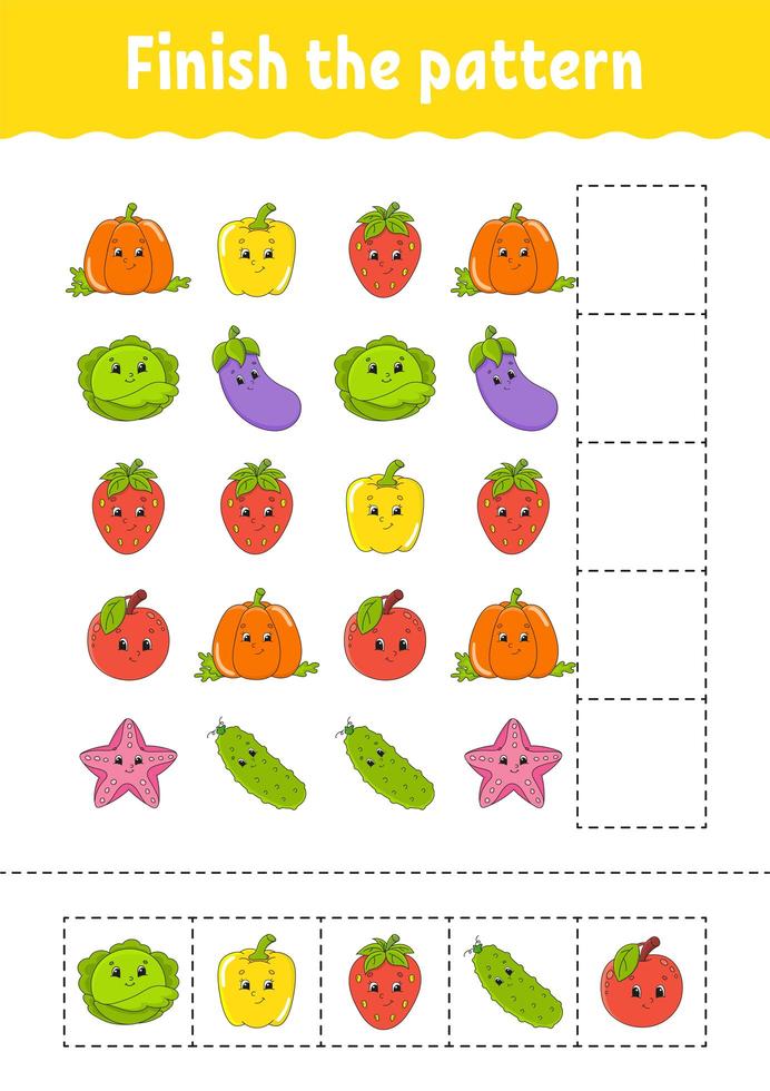 Finish the pattern. Cut and play. Fruits and vegetables. Education developing worksheet. Activity page.Cartoon character. vector
