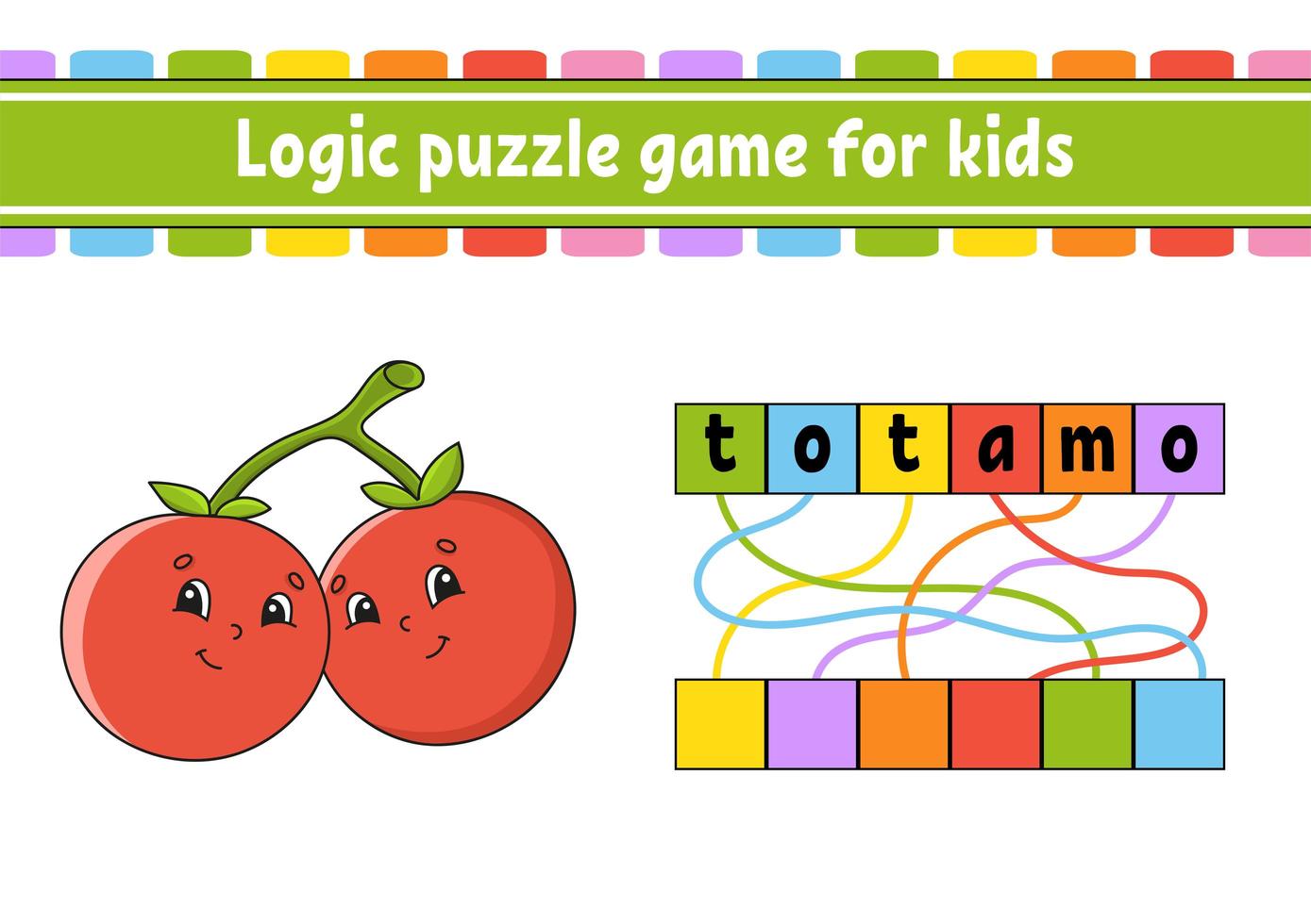 Logic puzzle game. Learning words for kids. Find the hidden name. Worksheet, Activity page. English game. Isolated vector illustration. Cartoon character.