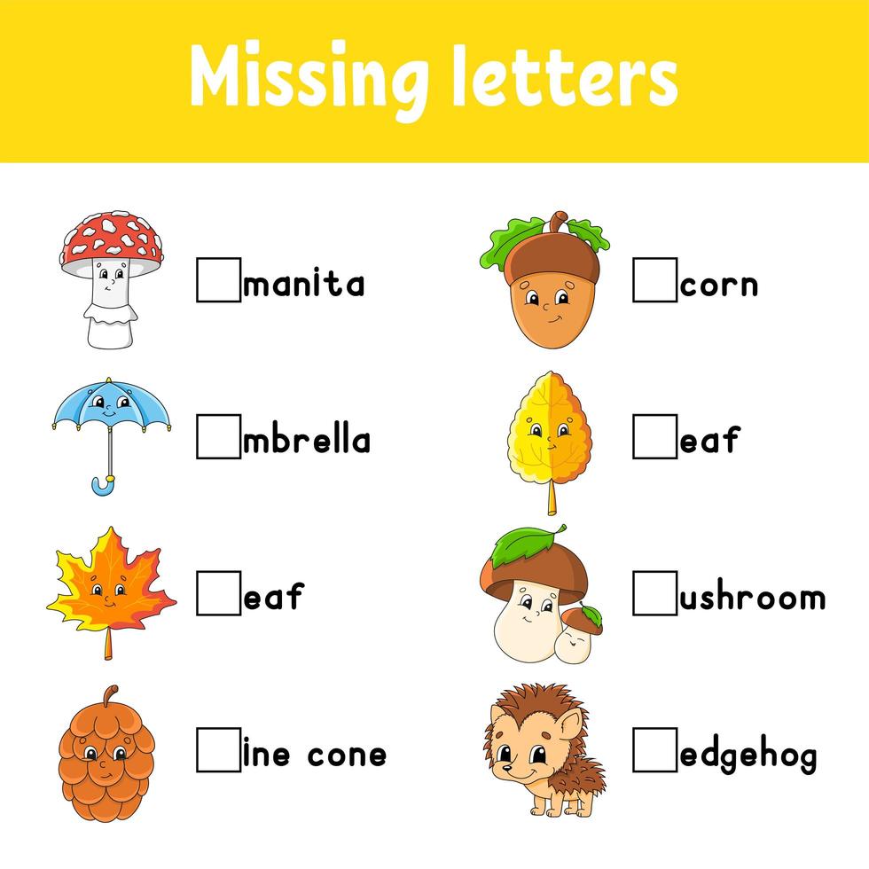 Autumn theme. Missing letters. Education developing worksheet for kids. Activity page. Cartoon character. vector